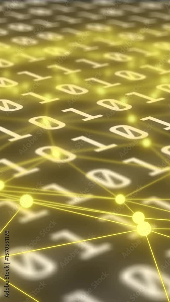 Poster binary code and network connections animation over yellow glowing nodes