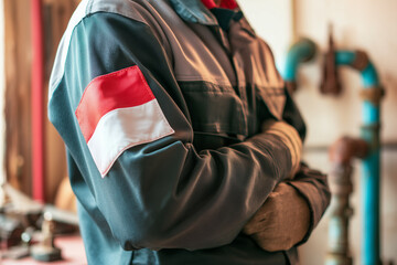 Obraz premium Indonesian Flag Logo on Worker's Uniform Sleeve