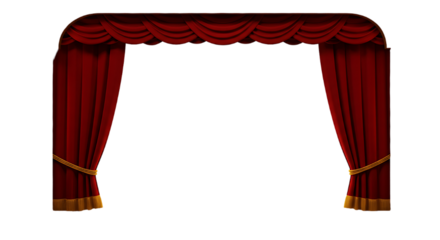 Elegant Red Velvet Stage Curtains with Golden Accents Isolated on Black Background Perfect for Theater or Performance Illustrations