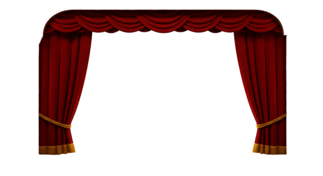 Elegant Red Velvet Stage Curtains with Golden Accents Isolated on Black Background Perfect for Theater or Performance Illustrations
