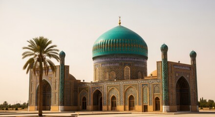 Obraz premium Iconic Turquoise Domed Mausoleum and Minarets Adorned with Intricate Mosaic Tiles under a Clear Sky