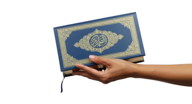 Isolated Hand Presenting Holy Quran Book Ramadan Islamic Faith