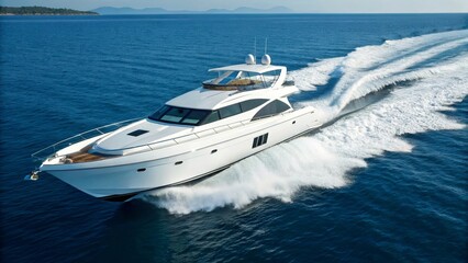 Sleek white luxury yacht speeding across the deep blue ocean leaving a trail of white foam
