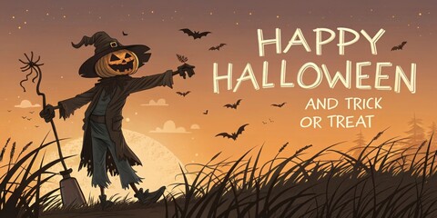 Happy halloween scarecrow with pumpkin head in field at sunset