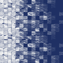 Abstract hand drawn grid brush lines pattern with wavy lines and organic shapes in navy blue and white. Modern textile or wallpaper design with a Japanese and tribal feel