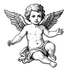 Winged Cherub Illustration Vintage Angelic Baby Vector Graphic Design