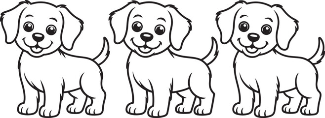 three happy puppies in a row silhouette isolated on transparent background