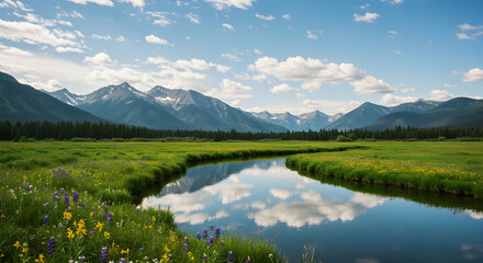 Savanna Serenity: A Winding River Beneath Snow-Capped Peaks