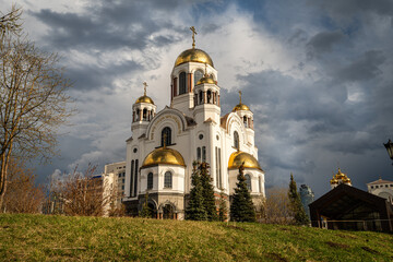Summer Yekaterinburg, Temple on Blood and Church of St Nicholas in cloudy. Aerial view of...