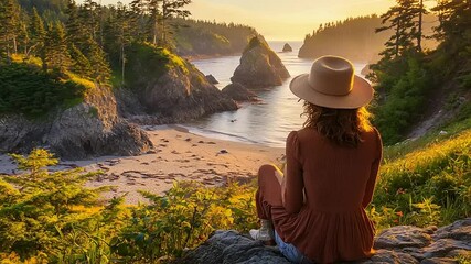Woman enjoying sunset coastal view