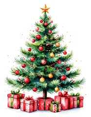 Christmas tree and gifts. Watercolor card.