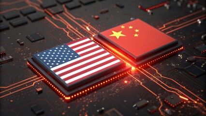 Trade War Tension: The Impact of Import Tariffs on Global Markets. Image of US and China flags on a circuit board.