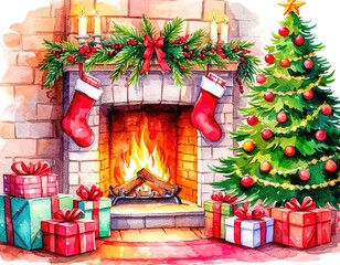 fireplace and christmas tree. watercolor card. winter christmas illustration.