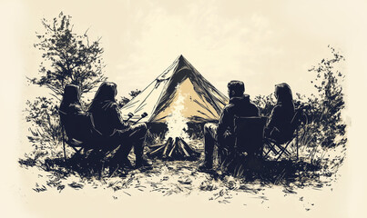 Group of friends sitting near campfire with tent in background enjoying marshmallows and camping. Hand draw sketch illustration isolated on white background