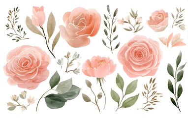 Watercolor floral clipart, white background, soft blue and beige flowers, pale yellow accents, loose brush strokes,