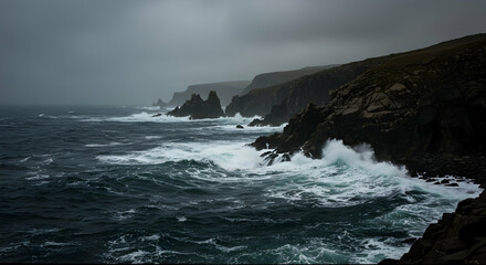 Storm Clash: Waves Crashing Against Sea Cliffs Under a Dark Sky