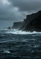 Fototapeta premium Storm Clash: Waves Crashing Against Sea Cliffs Under a Dark Sky