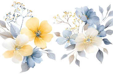 Watercolor floral clipart, white background, soft blue and beige flowers, pale yellow accents, loose brush strokes,