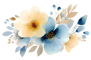Watercolor floral clipart, white background, soft blue and beige flowers, pale yellow accents, loose brush strokes,