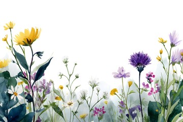 Watercolor wildflowers on a white background, with yellow, red, blue, purple, and pink flowers in a landscape with a meadow, and a border frame design.