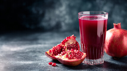 Refreshing pomegranate juice served in a crystal glass with vibrant seeds and fresh fruit on a dark textured background