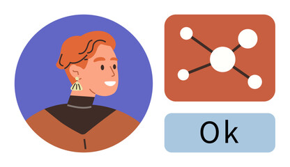 Portrait of a person with earrings, network connection diagram, and Ok button. Ideal for user profile, social network, authentication, acceptance, connectivity communication approval. Simple flat