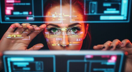 Futuristic Office Scene with Facial Projections – Tech-Driven Business Environment