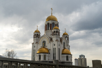 Summer Yekaterinburg, Temple on Blood and Church of St Nicholas in cloudy. Aerial view of Yekaterinburg, Russia. Translation of text on the temple: Honest to the Lord is death of His saints