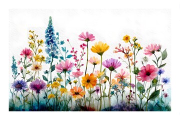 Watercolor wildflowers, a meadow landscape with colorful flowers on a white background, a spring scene