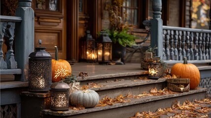 Haunted Autumn Porch: Pumpkins, Leaves and Lantern Glow
