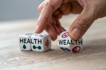 Making choices: hand with "HEALTH" dice next to "WEALTH" dice, signifying life's key decisions.