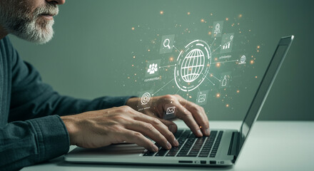 Man s hands typing on a laptop with a digital globe and data visualization overlay