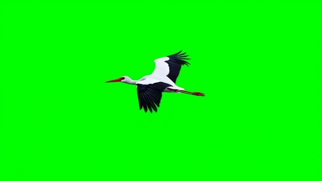  Flying stork, low angle, isolated on green screen, chroma key, footage, mockup, loop