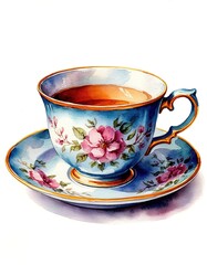 Tea cups with saucers of watercolor illustration. Vintage porcelain.