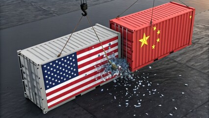 Trade War Tension: The Impact of Import Tariffs on Global Markets. Two shipping containers with USA and China flags, symbolizing trade tensions.