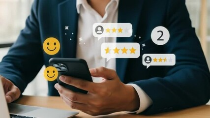 Person using laptop and smartphone with customer feedback emojis and star ratings displayed overlayed - Powered by Adobe