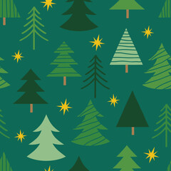 Obraz premium Seamless Hand Drawn Christmas Tree Pattern Design Green Background