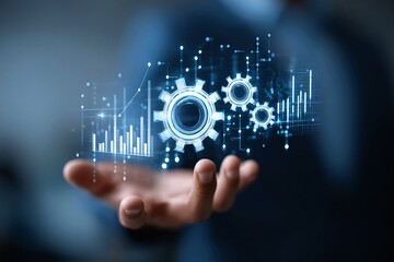 Fototapeta premium businessman holding holographic gears and charts, innovation strategy, futuristic business solutions