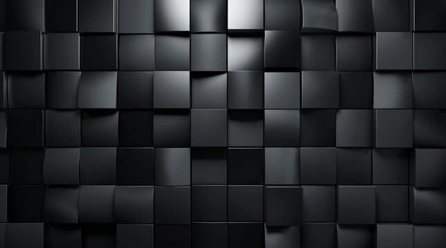 Sleek black 3D geometric wall with a pattern of raised square panels, each catching light and shadow to create a striking sense of depth and modern sophistication. The matte and glossy black surfaces 