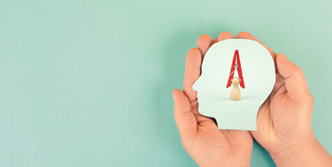 Pressure, stress, headache and mental health concept, overworked, exhausted and burnout, overwhelmed by information, migraine attack