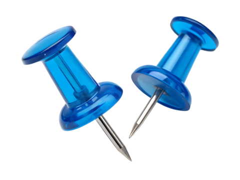 Two blue push pins on isolated background on transparent background