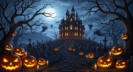Spooky Haunted Castle and Graveyard Scene Filled with Jack-o'-Lanterns and Ghosts Under a Full Moon