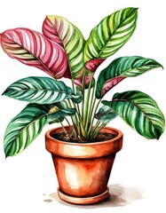 calathea plant in a pot. Watercolor illustration on white background. Element, Sticker, Poster. Houseplants.