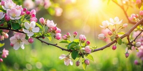 Softly falls gentle pink apple blossoms on a green foliage on sunny spring morning with warm light filtering through tree branches, greenery, nature scenery