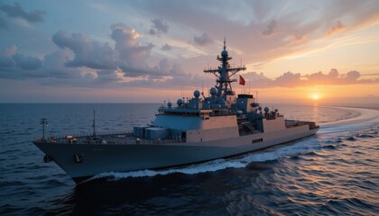 Majestic Warship at Sunset: A Naval Vessel Sailing on the Ocean