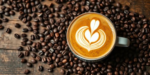 Naklejka premium Dark roast coffee beans scattered around a latte art creation on a rustic wooden tabletop, cafe, autumn