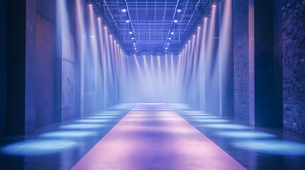 Empty floodlit catwalk for a fashion show with an audience. Trendy style event background