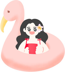 여름 휴양지 여자 사람 물놀이 일러스트. 하와이안 꽃을 꽂고 홍학 모양의 튜브에 있는 여자 사람 일러스트. 