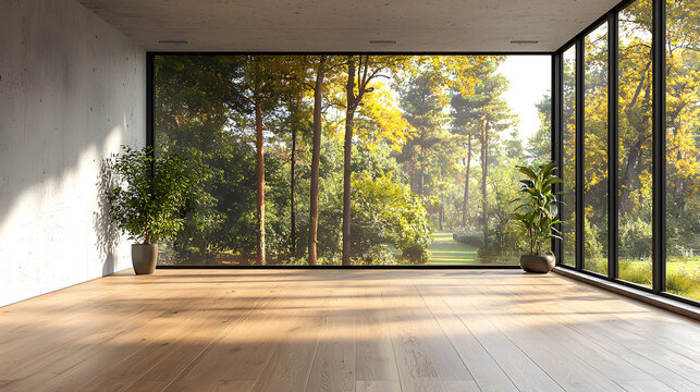 Empty room with white wall, wooden floor and big window. Studio, office blank space. Empty template for interior product