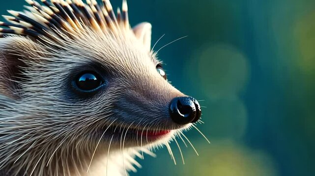Close-up of a smiling hedgehog in a vibrant, natural setting with soft bokeh background